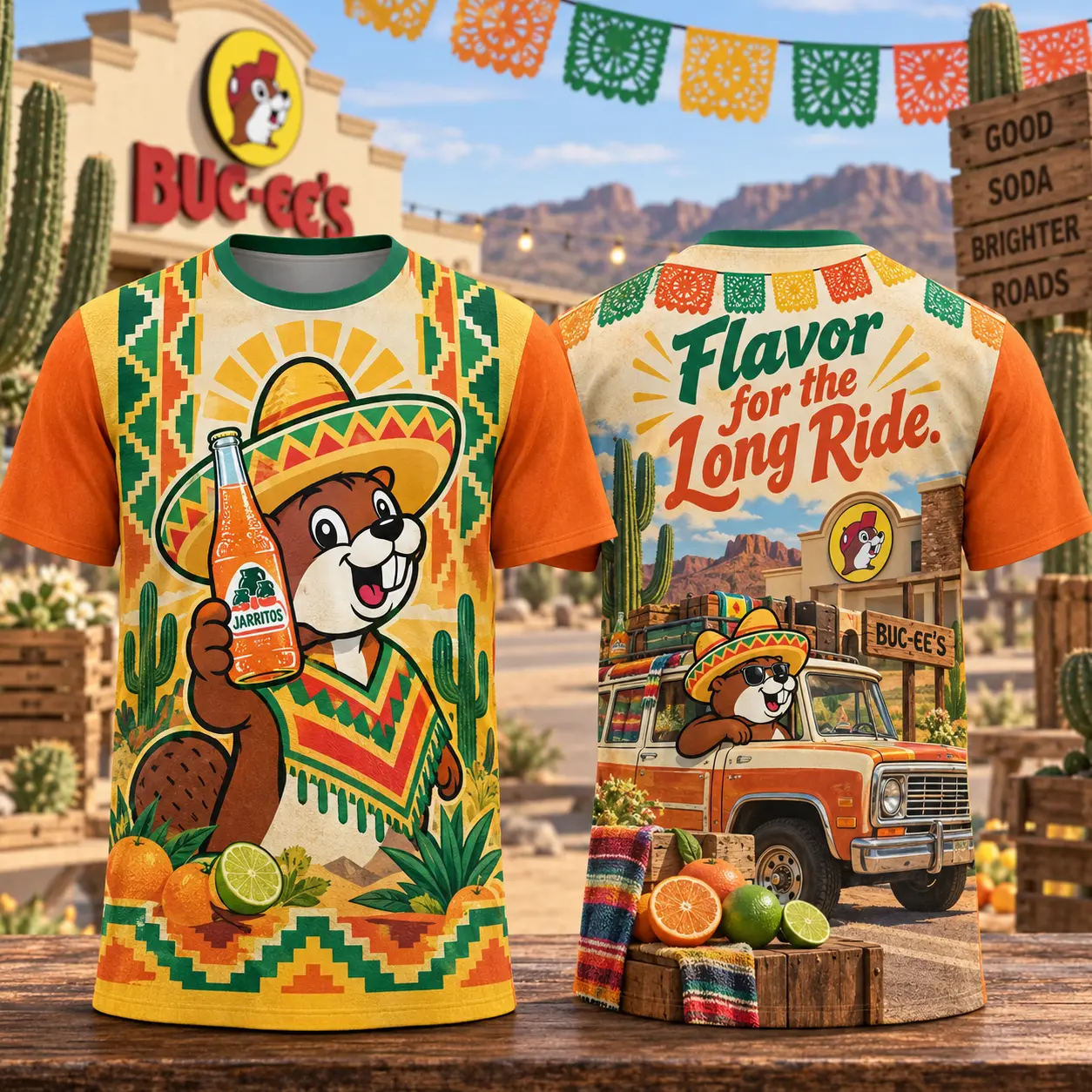 Buc-ee's Jarritos Orange Fiesta T-Shirt For Travelers Who Bring Flavor To Every Road Trip NDN flat front and back