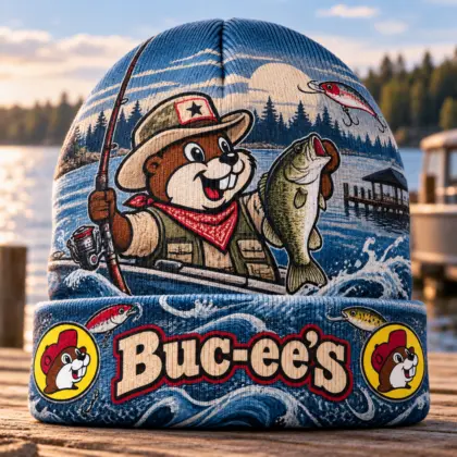 Buc-ee's Fishing Beaver Blue Waves Graphic Printed Beanie For Lakeside Weekend Trips NDN standalone beanie