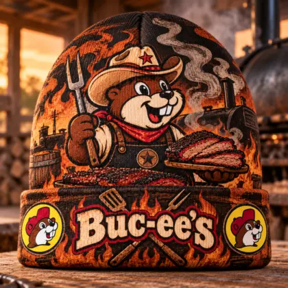 Buc-ee's Barbecue Beaver Orange Flames Graphic Printed Beanie For Backyard Cookout Fans NDN standalone beanie