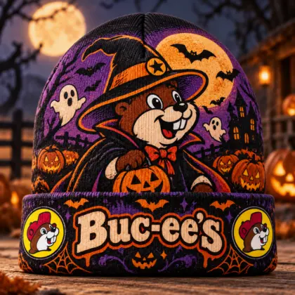 Buc-ee's Halloween Witch Beaver Pumpkins Graphic Printed Beanie For Spooky Autumn Nights NDN standalone beanie