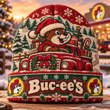 Buc-ee's Christmas Beaver Red Truck Graphic Printed Beanie For Festive Winter Road Trips NDN standalone beanie