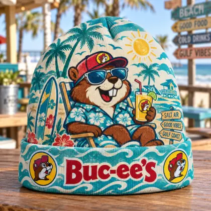 Buc-ee's Tropical Beaver Palm Trees Graphic Printed Beanie For Sunny Beach Getaways NDN standalone beanie