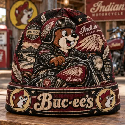 Buc-ee's Indian Motorcycle Beaver Burgundy Graphic Printed Beanie For Vintage Road Adventure Fans NDN standalone beanie