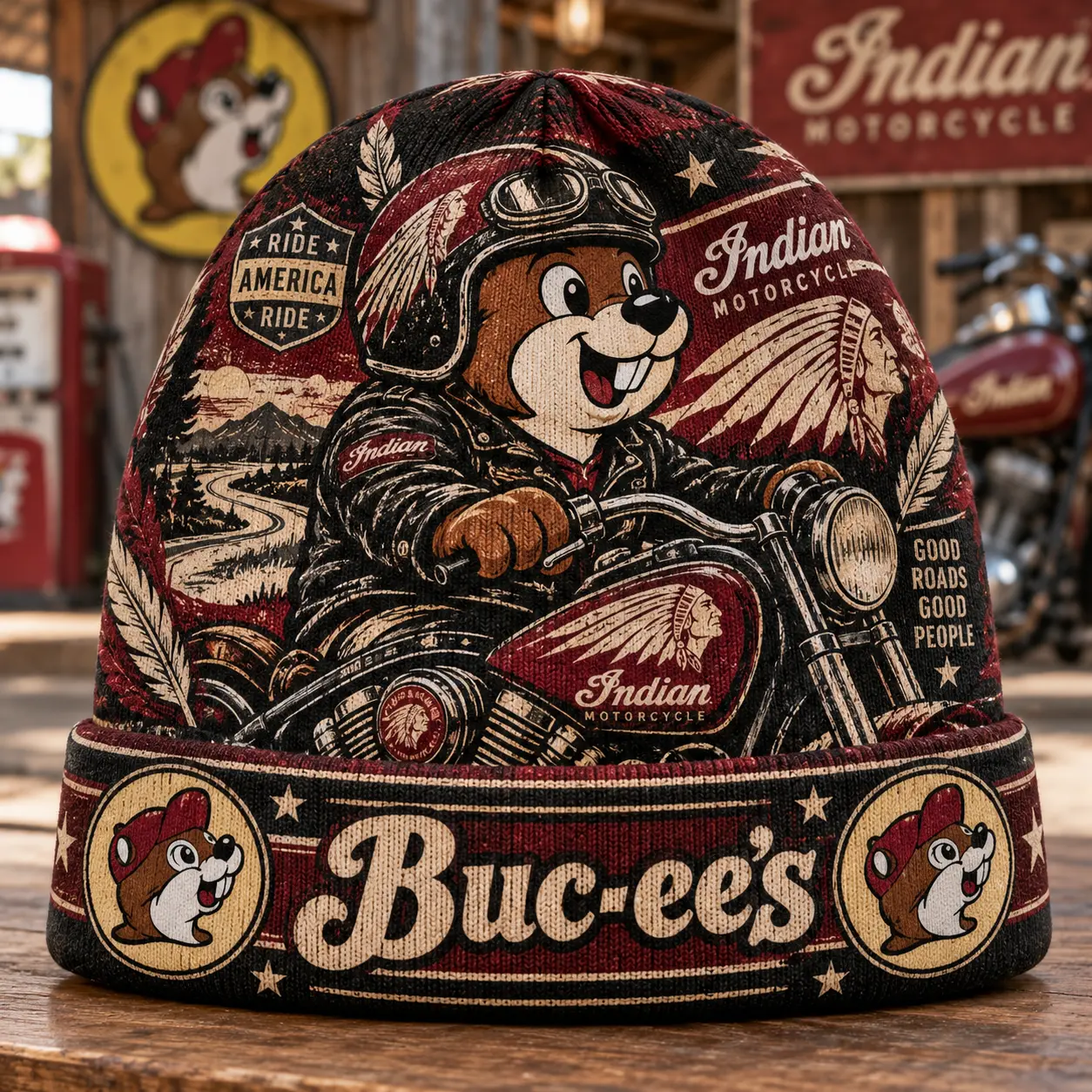 Buc-ee's Indian Motorcycle Beaver Burgundy Graphic Printed Beanie For Vintage Road Adventure Fans NDN standalone beanie