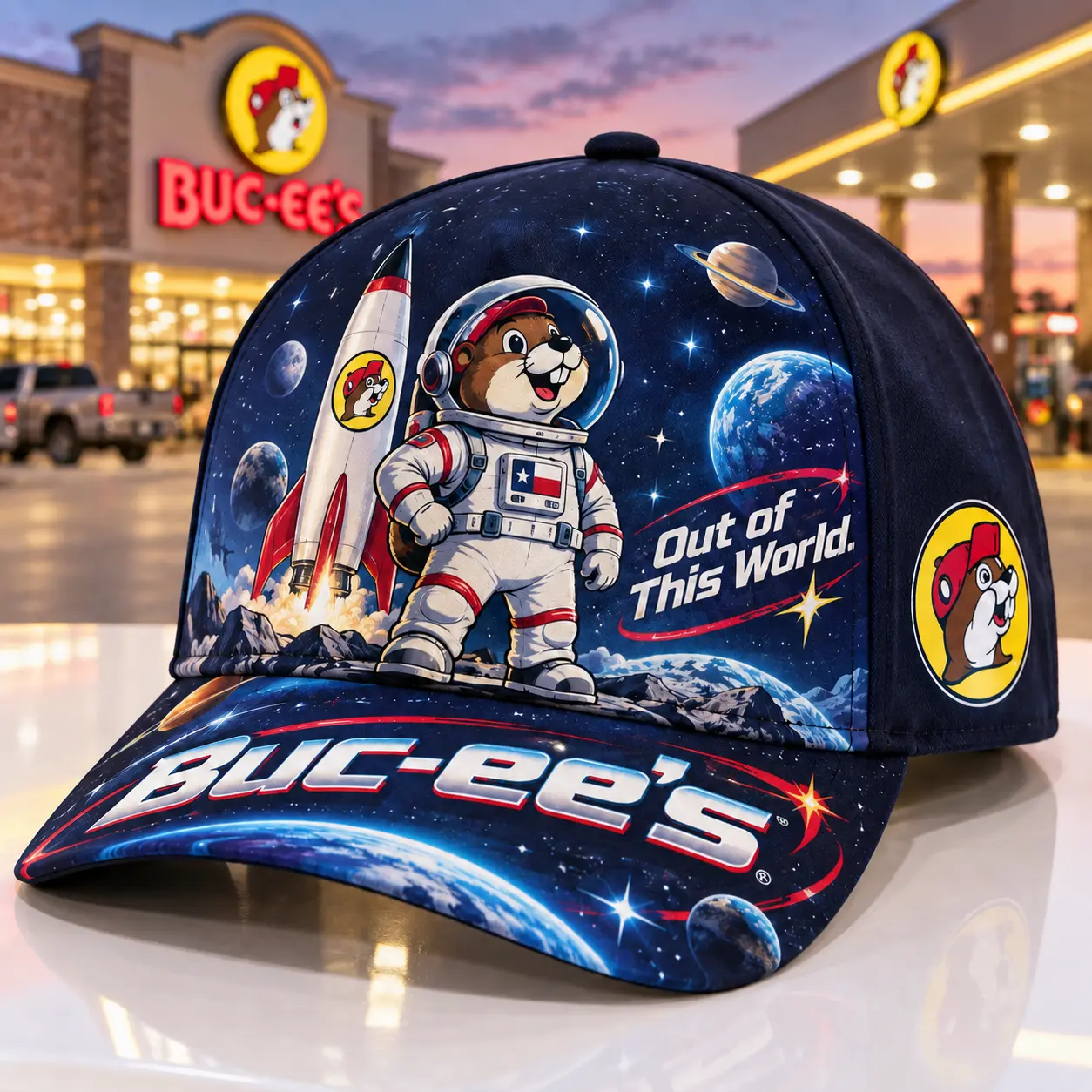 Buc-ee's Astronaut Beaver Rocket Print Baseball Cap For Fans Of Out Of This World Adventures NDN standalone cap