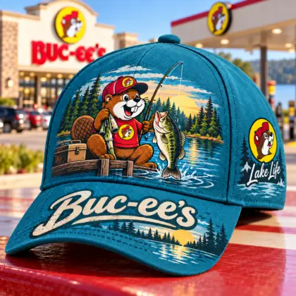 Buc-ee's Fishing Beaver Lake Scene Print Baseball Cap For Relaxed Waterside Days And Getaways NDN standalone cap