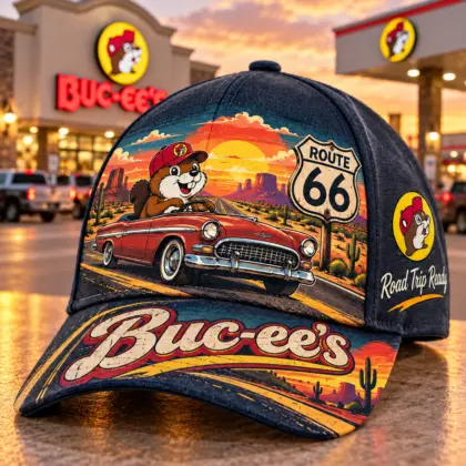 Buc-ee's Route 66 Classic Car Print Baseball Cap For Desert Drives And Sunset Road Trips NDN standalone cap