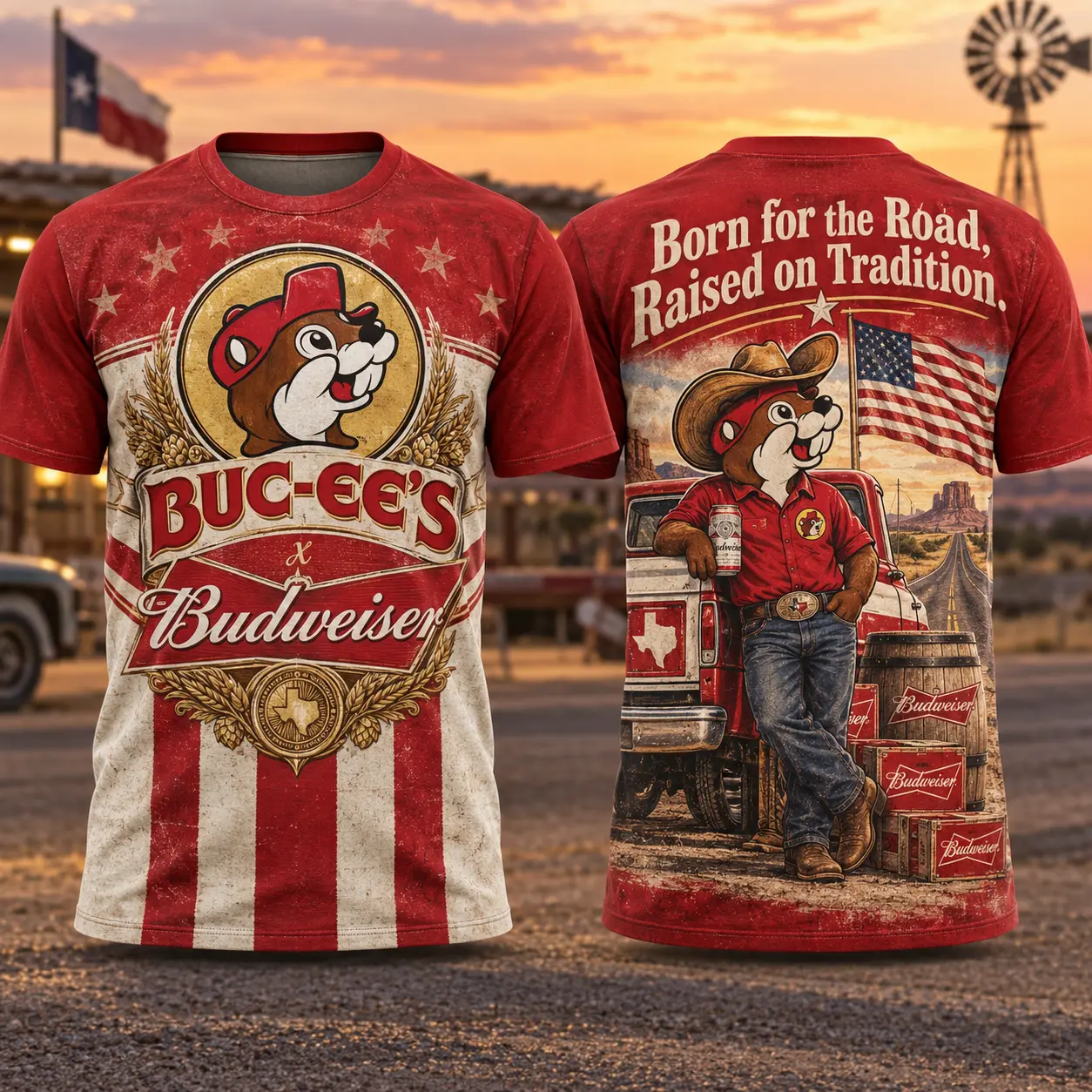Buc-ee's Budweiser Red Heritage T-Shirt For Road Trip Fans Who Appreciate A Classic Look NDN flat front and back