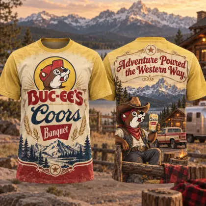 Buc-ee's Coors Golden Western T-Shirt For Country Spirits Who Follow The Sunset Road Home NDN flat front and back