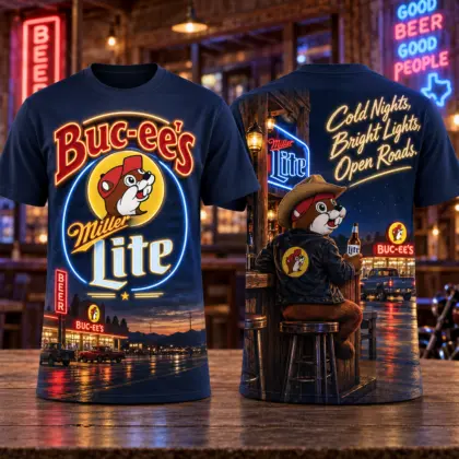 Buc-ee's Miller Lite Navy Night T-Shirt For Travelers Chasing Bright Lights And Open Roads NDN flat front and back