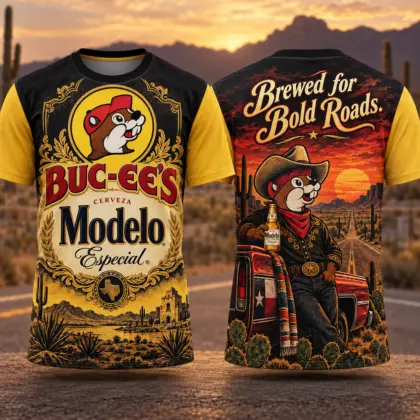 Buc-ee's Modelo Black Gold T-Shirt For Road Trip Fans Who Prefer A Bold Journey NDN flat front and back