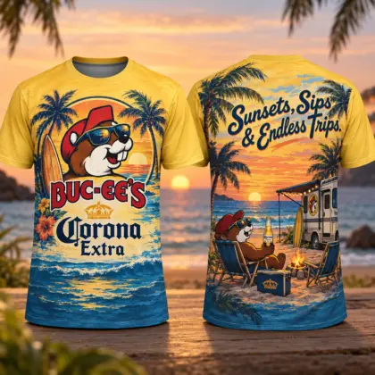 Buc-ee's Corona Beach Sunset T-Shirt For Coastal Travelers Who Follow The Sun Toward Paradise NDN flat front and back