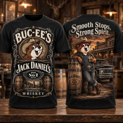 Buc-ee's Jack Daniels Black Whiskey T-Shirt For Travelers With A Taste For Roadside Character NDN flat front and back