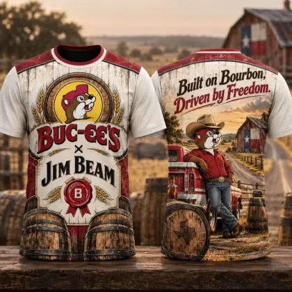 Buc-ee's Jim Beam Cream Bourbon T-Shirt For Free Spirits Who Take The Long Way Home NDN flat front and back