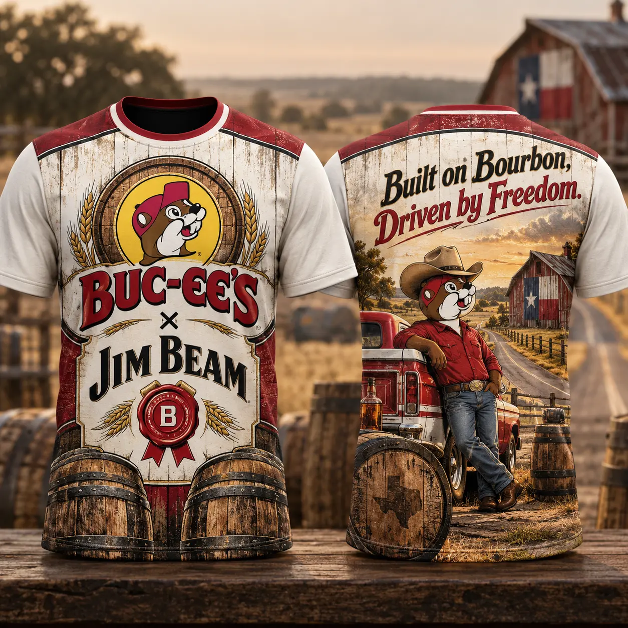 Buc-ee's Jim Beam Cream Bourbon T-Shirt For Free Spirits Who Take The Long Way Home NDN flat front and back