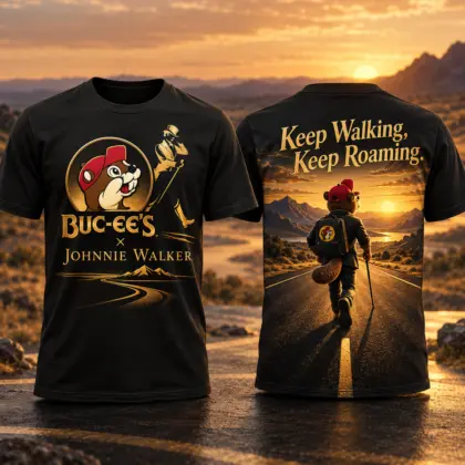 Buc-ee's Johnnie Walker Black Gold T-Shirt For Travelers Who Keep Walking And Keep Roaming NDN flat front and back