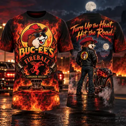 Buc-ee's Fireball Flaming Motorcycle T-Shirt For Riders Who Bring Heat To The Open Road NDN flat front and back