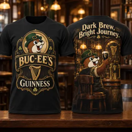 Buc-ee's Guinness Dark Brew T-Shirt For Travelers Who Find Bright Moments Along The Journey NDN flat front and back