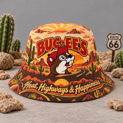 Buc-ee's Desert Highway Sunset Printed Bucket Hat For Sunny Road Trips NDN flat