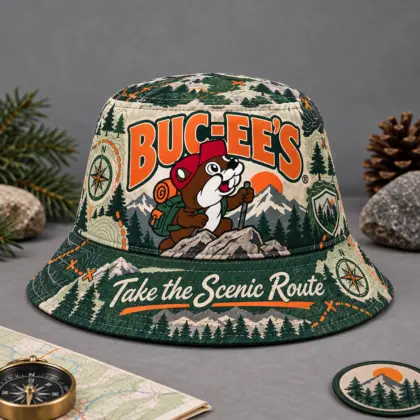 Buc-ee's Mountain Forest Scenic Route Printed Bucket Hat For Wilderness Weekend Trips NDN flat