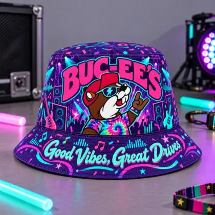Buc-ee's Neon Music Notes Printed Bucket Hat For Festival Dance Nights NDN flat