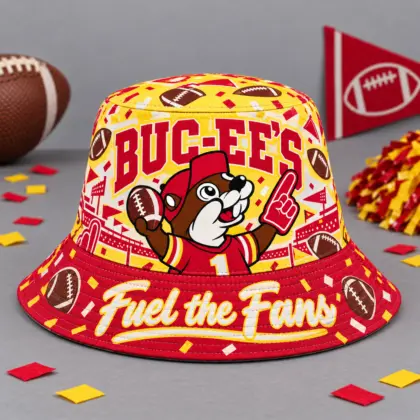 Buc-ee's Red Football Fan Printed Bucket Hat For Game Day Adventures NDN flat