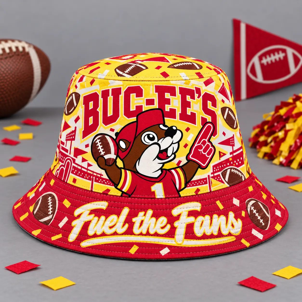 Buc-ee's Red Football Fan Printed Bucket Hat For Game Day Adventures NDN flat