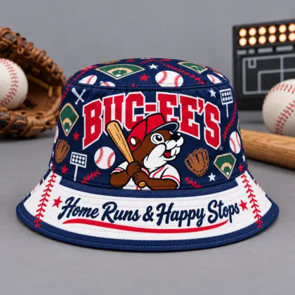 Buc-ee's Baseball Diamond Navy Printed Bucket Hat For Ballpark Summer Days NDN flat