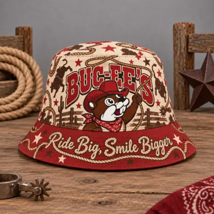 Buc-ee's Western Cowboy Cream Printed Bucket Hat For Country Road Adventures NDN flat