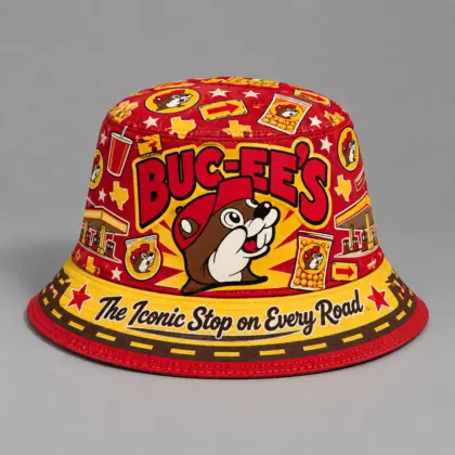 Buc-ee's Red Roadside Icon Printed Bucket Hat For Classic Highway Adventure Fans NDN flat