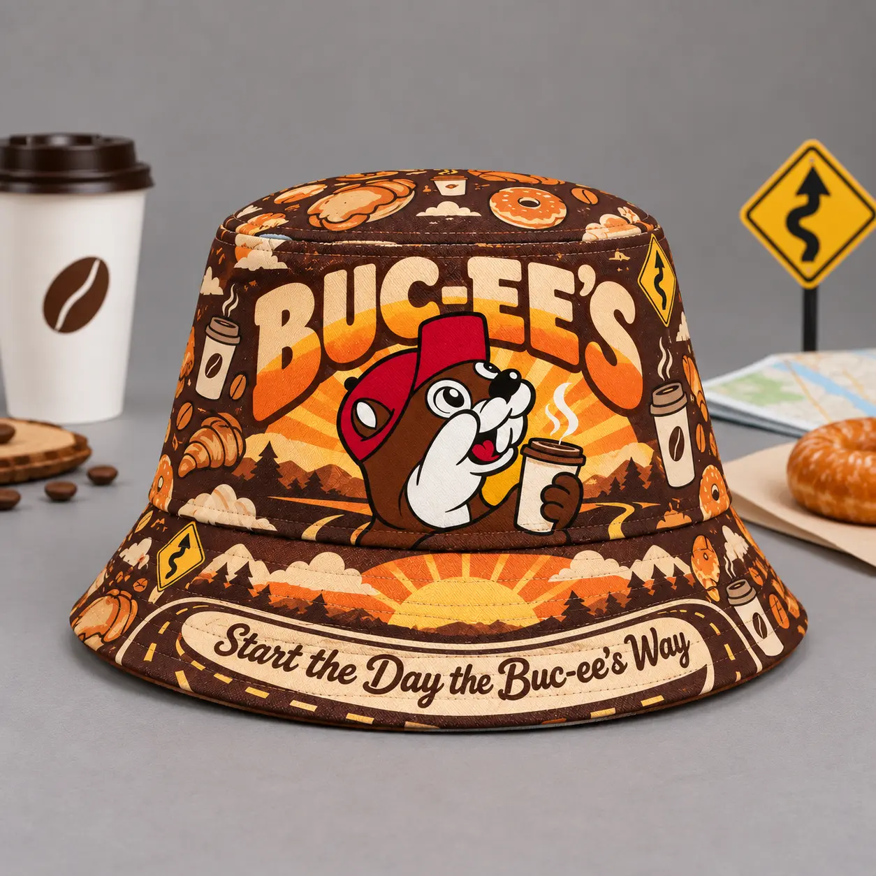 Buc-ee's Coffee Sunrise Brown Printed Bucket Hat For Early Morning Road Trips NDN flat