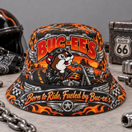 Buc-ee's Motorcycle Orange Flames Printed Bucket Hat For Open Road Riding Fans NDN flat