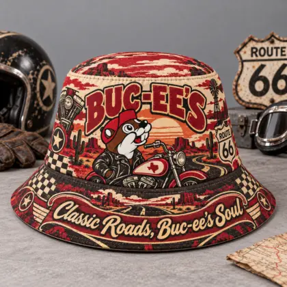 Buc-ee's Vintage Motorcycle Route 66 Printed Bucket Hat For Classic Highway Trips NDN flat