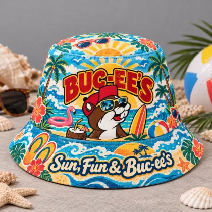 Buc-ee's Red Gold Biker Printed Bucket Hat For Long Highway Adventure Days NDN flat