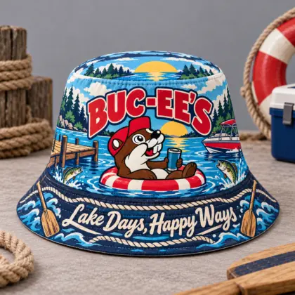 Buc-ee's Blue Eagle Motorcycle Printed Bucket Hat For Freedom Loving Road Trips NDN flat