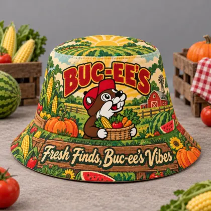 Buc-ee's Mint Tropical Palm Printed Bucket Hat For Relaxed Sunny Beach Trips NDN flat