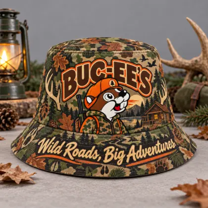 Buc-ee's Tropical Sunset Palm Printed Bucket Hat For Warm Coastal Holiday Days NDN flat