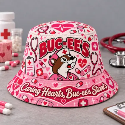 Buc-ee's Camper Van Sunset Printed Bucket Hat For Scenic Summer Road Trips NDN flat