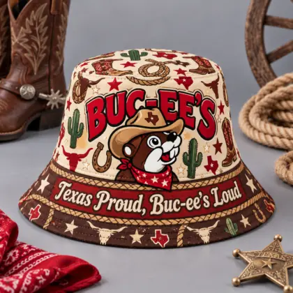 Buc-ee's Cream Forest Camping Printed Bucket Hat For Quiet Woodland Weekend Trips NDN flat