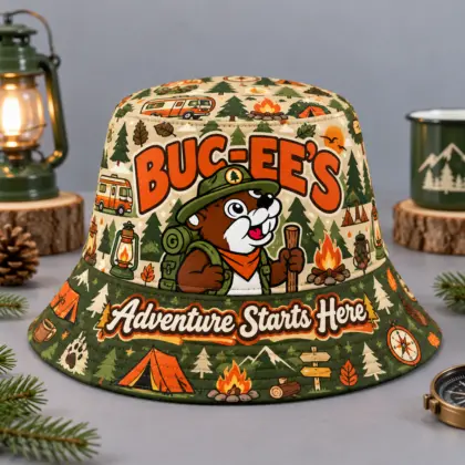 Buc-ee's Retro Cherry Checkered Printed Bucket Hat For Sweet Summer Picnic Days NDN flat