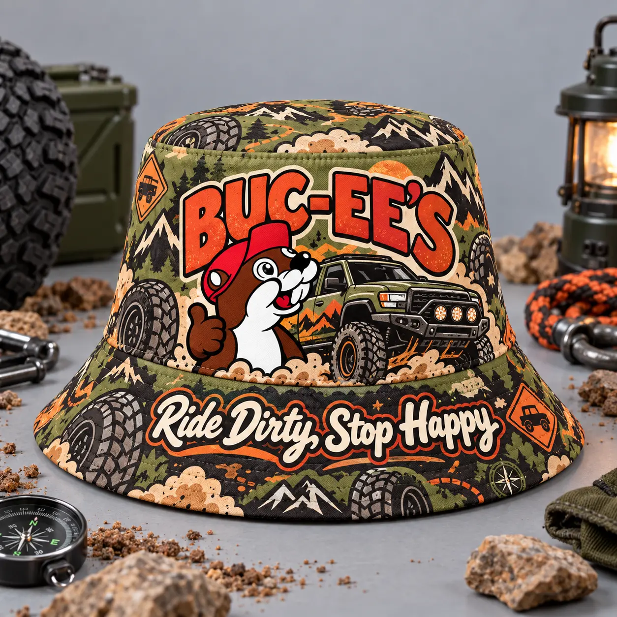 Buc-ee's Pink Hibiscus Tropical Printed Bucket Hat For Colorful Island Holiday Days NDN flat
