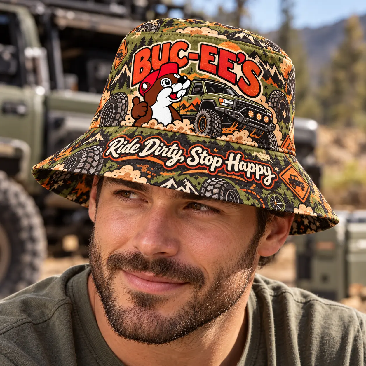 Buc-ee's Pink Hibiscus Tropical Printed Bucket Hat For Colorful Island Holiday Days NDN worn
