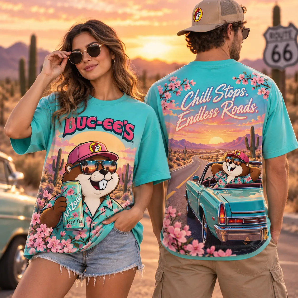 Buc-ee's Arizona Tea Floral T-Shirt For Easygoing Travelers Who Enjoy Every Scenic Stop NDN worn front and back