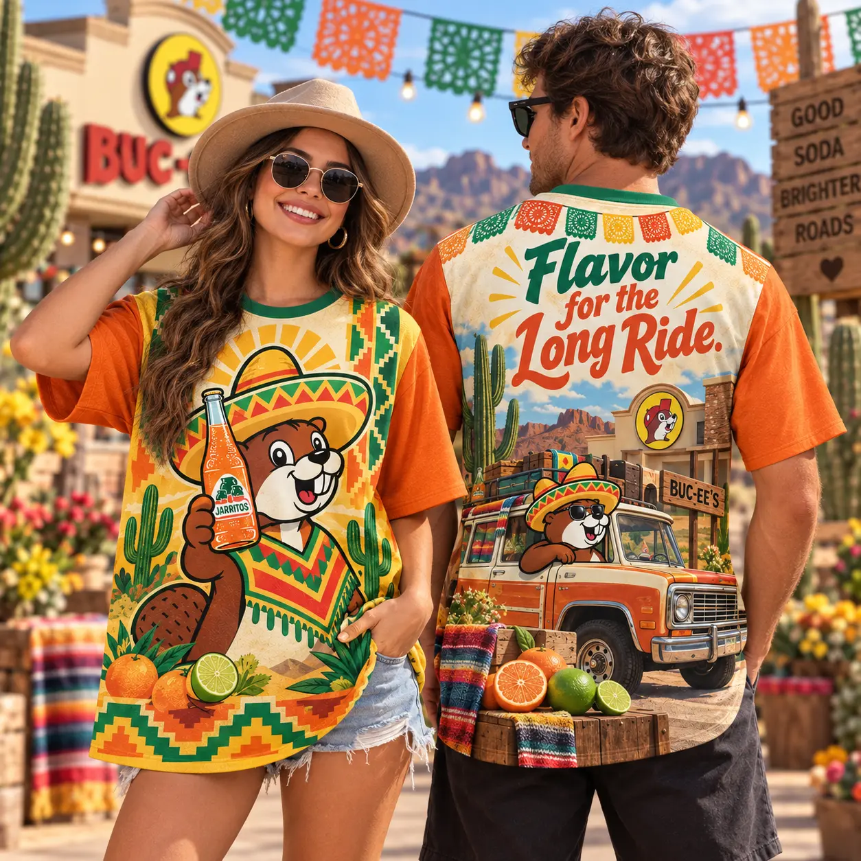 Buc-ee's Jarritos Orange Fiesta T-Shirt For Travelers Who Bring Flavor To Every Road Trip NDN worn front and back