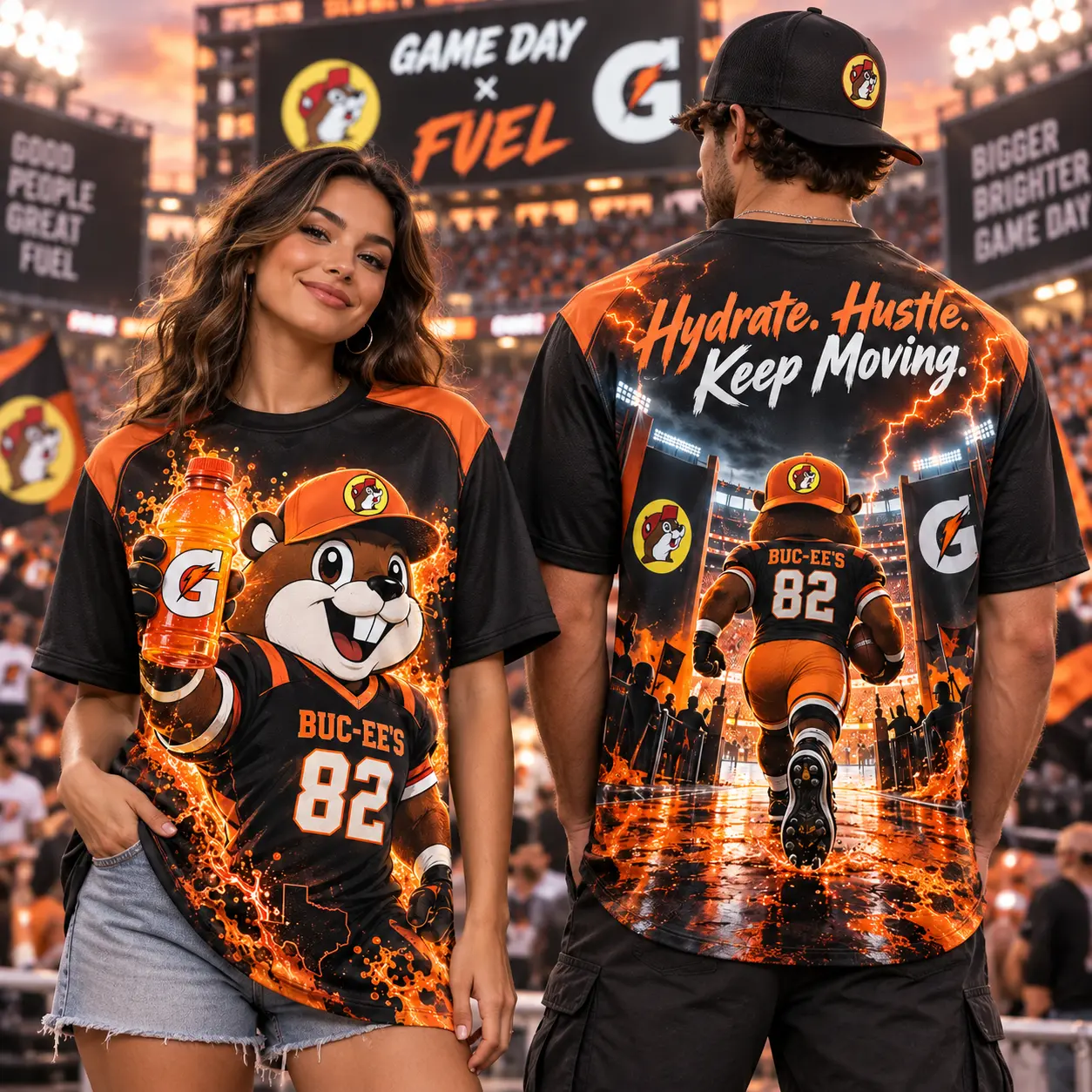 Buc-ee's Gatorade Orange Football T-Shirt For Sports Fans Who Keep Moving Beyond Game Day NDN worn front and back