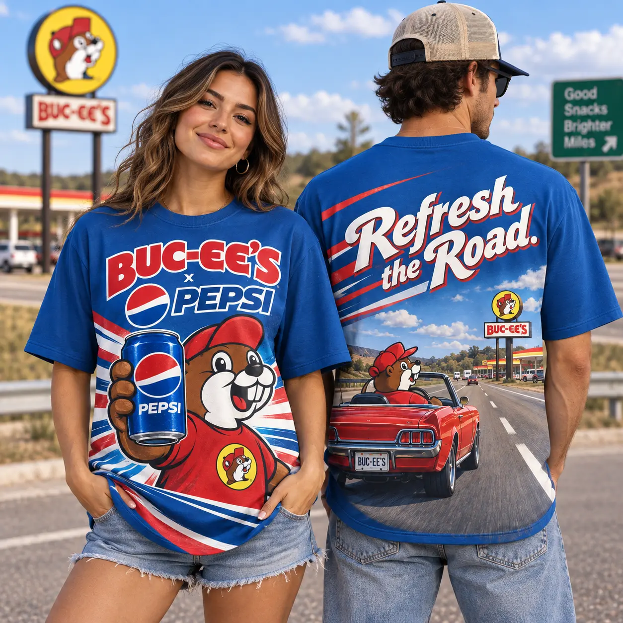 Buc-ee's Pepsi Blue Refreshment T-Shirt For Travelers Who Take The Scenic Route Every Weekend NDN worn front and back