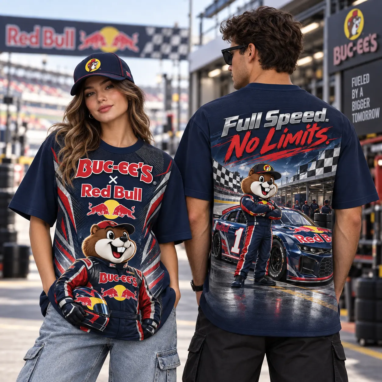 Buc-ee's Red Bull Racing T-Shirt For Speed Enthusiasts Who Live For The Next Lap NDN worn front and back