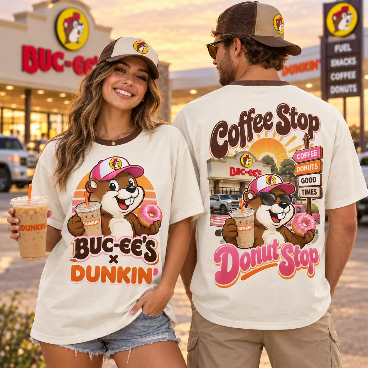 Buc-ee's Dunkin Coffee Donut T-Shirt For Early Travelers Who Never Skip A Sweet Roadside Stop NDN worn front and back