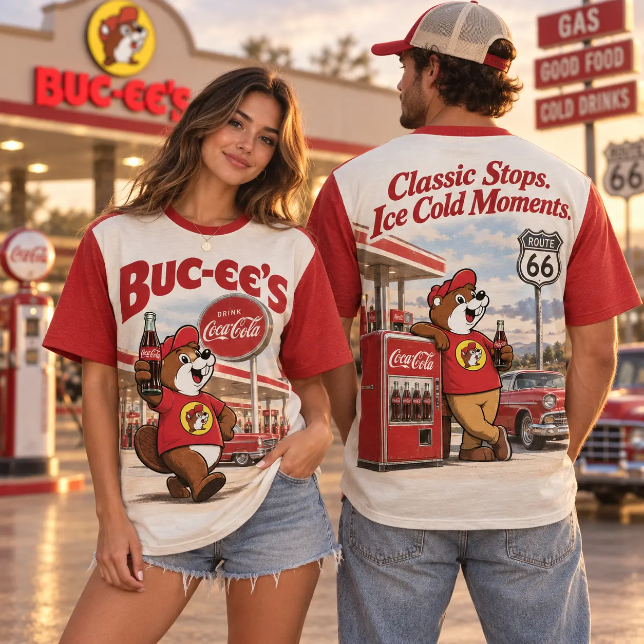 Buc-ee's Coca-Cola Retro Red T-Shirt For Road Trippers Who Love A Classic Refreshment NDN worn front and back