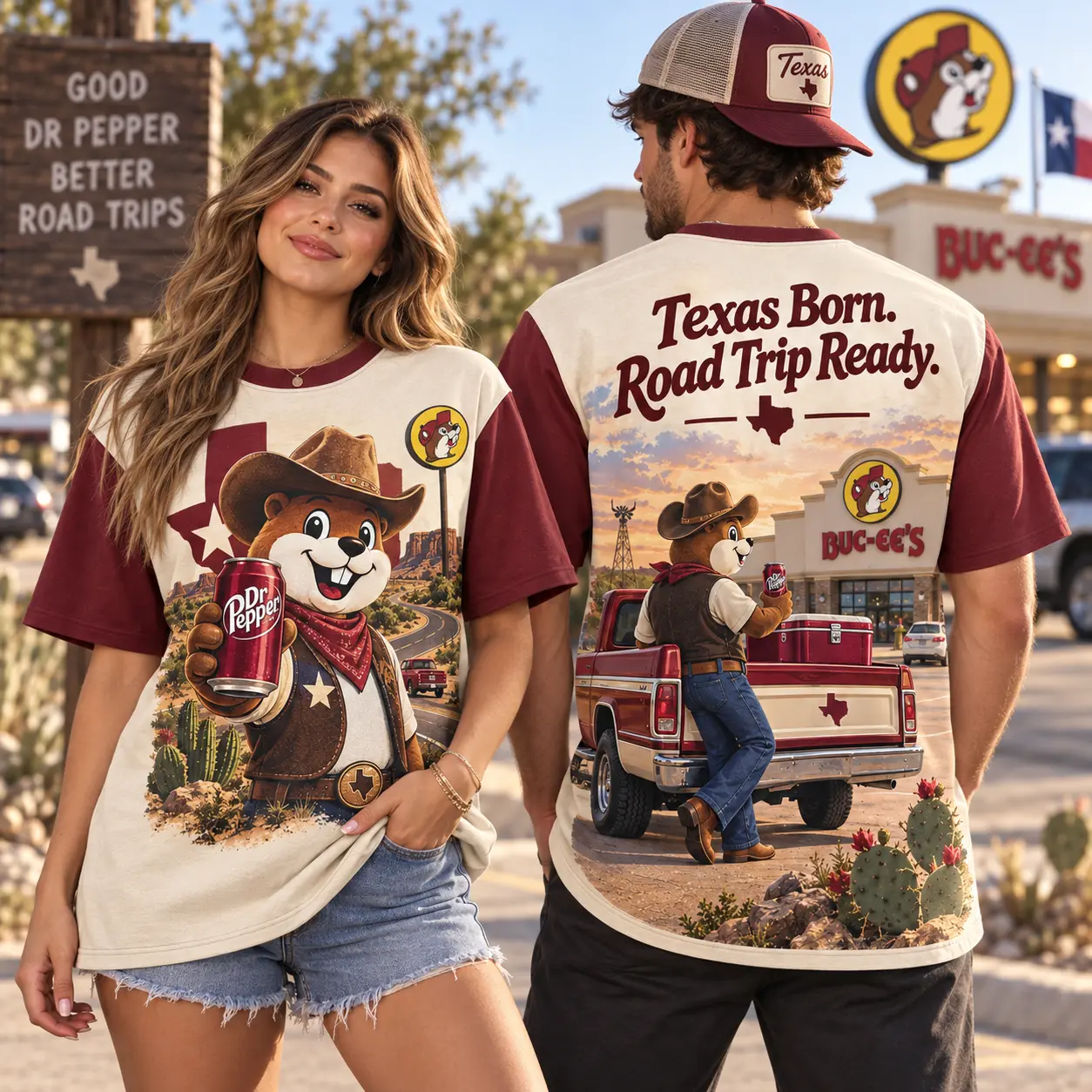 Buc-ee's Dr Pepper Western Cowboy T-Shirt For Texas Travelers With A Taste For Adventure NDN worn front and back
